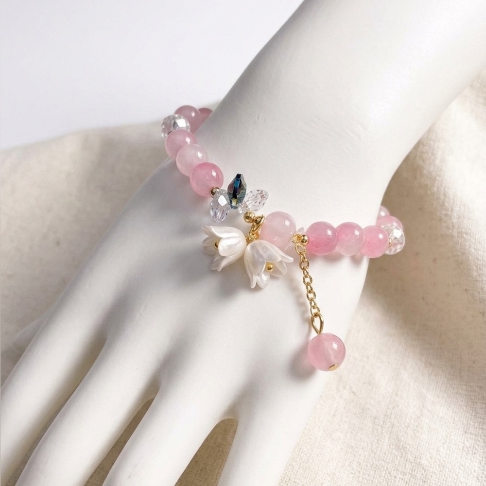 Delicate Pink Beaded Flower Charm Bracelet - Picture 2 of 2
